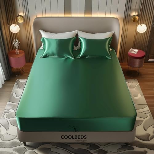 Image of COOLBEDS Satin Double Bedsheet - Elastic Fitted - 2 Pillow Covers - 400 Thread Count - 203 x 152 cms (Green)