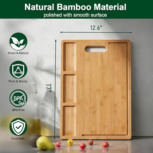 Bamboo Cutting Board with 3 Compartments: 17" Large Double-Sided Chopping Board with Juice Groove, Mess-Free Meal Prep for Meat, Vegetables & Fruits by HHXRISE - Used condition - Image 5