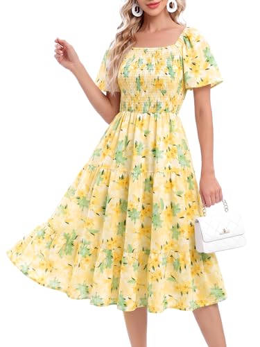 Image of Bbonlinedress Womens Casual Floral Summer Smocked Beach Party Boho Midi Square Neck Dress