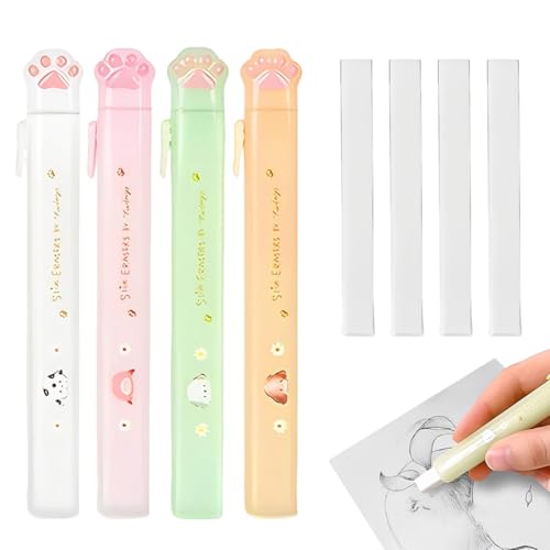 QOWIJEX 3 Set Goma de Borrar Retráctil,Kawaii Papeleria,Diseño Pata de Gato,Borrador de Forma de Lápiz, 3 Piezas Borrador y 3 Piezas Recambios de Goma de Borrar