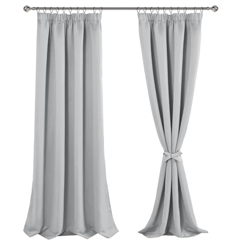 JIUZHEN Blackout Curtains Ruffle Tape Curtain Opaque Curtains Living Room Curtains Bedroom Thermal Curtain Silver Grey H 260 x W 140 cm Set of 2