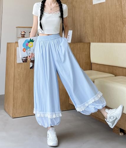 chouyatou Women's Y2k Wide Leg Bubble Pants Plaid Patch Balloon Culottes Baggy Parachute Capri Pants with Pockets2