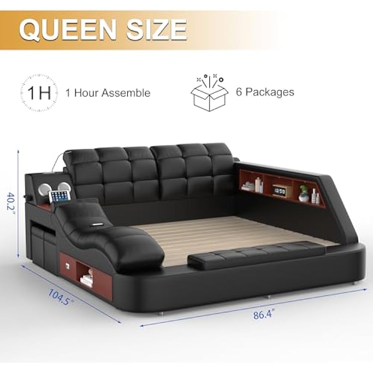 Multifunctional Queen Size Bed Frame, Modern Luxury Smart Bed with Massage Recliner/Music Speaker/USB Port/Storage Drawers, Adjustable Leather Upholstered Headboard, Black