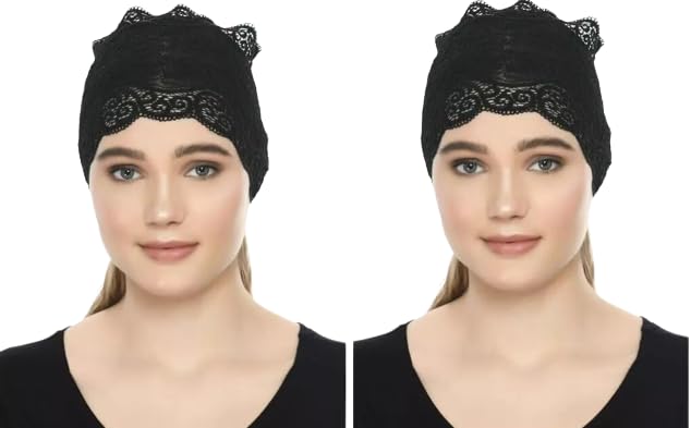 Heena Collection Store Women's Lace Lycra Under Scarf Hijab Cap || Chemo Hat Tube || Fashionable Stylish Hijab Bonnet Cap Pullover Prayer Namaz Diwali, Rakhi Festivals Gift for Womens & Girls(Black Color) Pack of 2