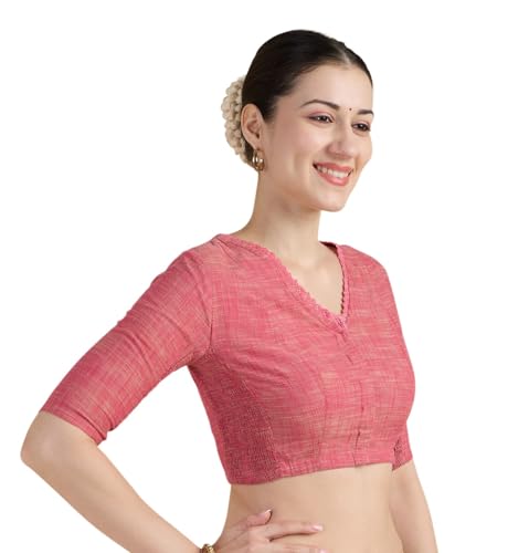 Image of Studio Shringaar Women's Handloom Cotton Side Stretchable (Smocked) Readymade Saree Blouse with Crochet Neckline