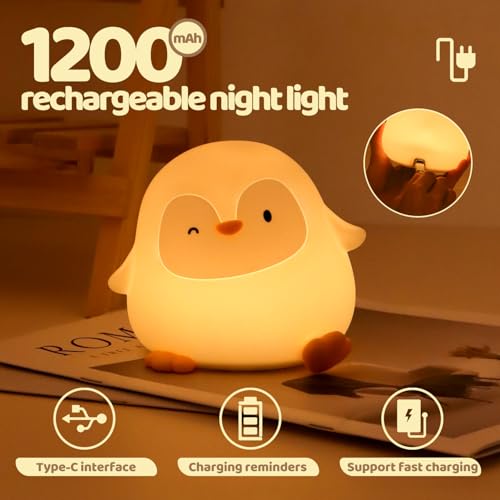Image of Rytinazzz Silicone Night Light for Kids, 50H Long Battery Penguin Lamp, Gift for Kids, Rechargeable Tap Control, Soft Dimmable Bedside Light with Timer