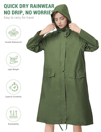 Image of Venzina Raincoat for Women High Waterproof Hooded Rain Jacket Zip-up Rain Coat Knee-length Lightweight Rainwear with Storage Pouch, Stylish A-line Poncho for Camping, Commutes, Travel