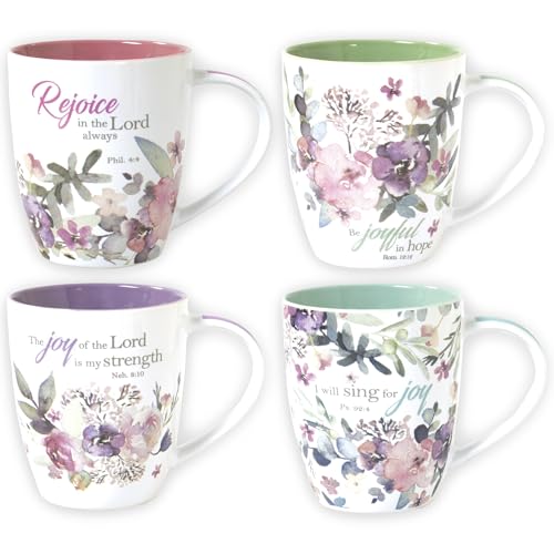 Product Image of the Christian Art Gifts Ceramic Coffee or Tea Mug Set for Women, Rejoice Watercolor Flowers Design Bible Verse Mug Set, Boxed Set of 4 Coffee Cups