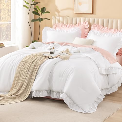 Image of Litanika White Twin Size Comforter Sets, 3 Pieces Ruffle Farmhouse Aesthetic Bedding Comforter Sets, All Season Soft Lightweight Fluffy Microfiber Bed Set(66x90In Comforter, 1 Pillowcase)