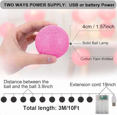XIYUNTE Cotton Ball String Lights, 3M/10FT 20 LED Cotton Ball Lights, USB or Battery Powered 4CM Cotton Ball Fairy Lights for Bedroom, Valentine's Day, Wedding, Party, Christmas, Home Decor