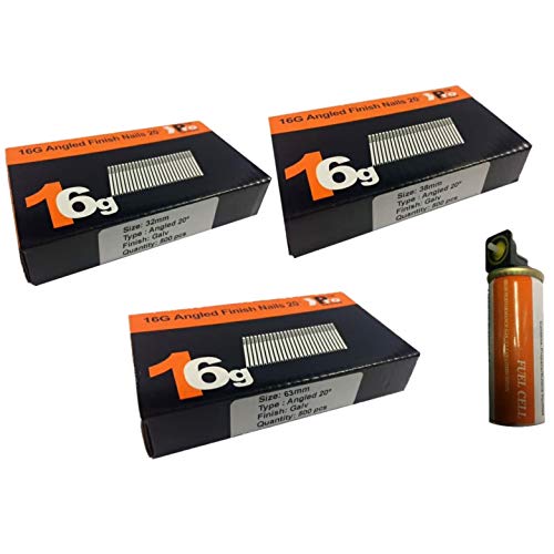 32mm + 38mm + 63mm 16g Angled Nails, 3 x 500 Pack + 1 x Fuel Cell for Paslode