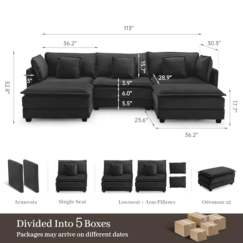 Image of Corduroy Sectional Couch, 3 Seater 113 inch U Shaped Cloud Couch with 2 Ottomans, Modular Deep Seat Sofa with Pillows for Living Room, Apartment, Black