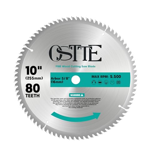 OSTTE 10-Inch Table Saw Blade 80 T, 5/8 Inch Arbor Circular Saw Blades, Carbide Tipped Teeth Miter Saw Blade for Cutting Wood, 1 Pack