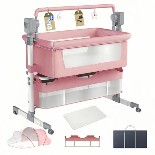 Image of Doraystar Electric Bluetooth Smart Bassinet for Co-Sleeping, Convertible and Portable Baby Bedside Crib, Foldable Newborn Bedside Bed, Toddler Cradle with Mattress and Remote Control(601 Pink