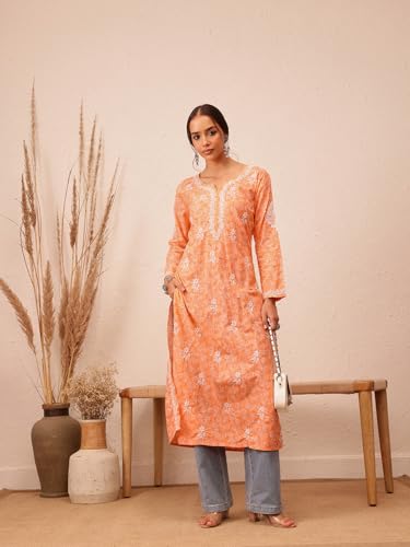Image of Ada Women's Cotton Straight Fit Straight Hand Embroidered Lucknowi Chikankari Kurta Kurti A411378