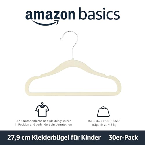 Amazon Basics Kinder-Kleiderbügel aus Samt, rutschfeste Kleiderbügel für Babys und Kleinkinder, 29 cm, 30er-Pack, Beige – Ansicht 2