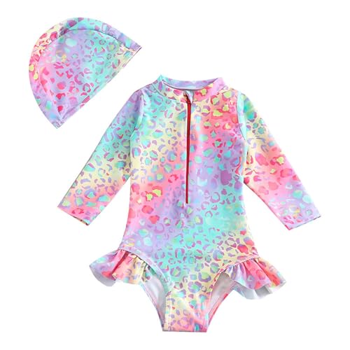 Traje de baño de manga larga Rashguard para bebé niña con estampado de leopardo con volantes LSF 50+ ropa de playa de una pieza, multicolor, 5-6 años