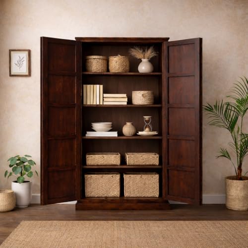 Image of Modern Furniture Boho Sheesham Wooden Crockery Cabinet with Door | Solid Wood Multipurpose Storage Cabinets for Living Room Home & Kitchen | Book Shelf Wooden - Walnut Finish