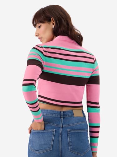 Image of The Souled Store Carnation Rib-Knit Polo Women and Girls Long Sleeve Collared Neck Multicolor Striped Slim Fit Cotton Blend Cropped Polos