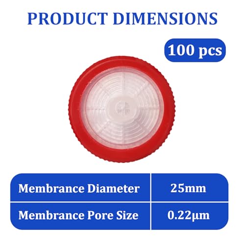 Image of 100 Count Syringe Filters, PTFE 25mm Diameter 0.22um Pore Size (Red) | PTFE Hydrofilic Membrane 25mm Diameter 0.22um Pore Size, Syringe Lab Filters, Non Sterile Filtration (Red)