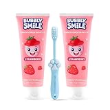 Bubbly Smile Kids Toothpaste Set - 2 Pack Nano Hydroxyapatite Toothpaste (5.3 Oz Total) + 1 Bonus Soft Toothbrush | Fluoride-Free | Glycerin Free | Strawberry Flavor, Safe to Swallow