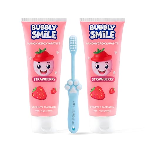 Bubbly Smile Kids Toothpaste Set - 2 Pack Nano Hydroxyapatite Toothpaste (5.3 Oz Total) + 1 Bonus Soft Toothbrush | Fluoride-Free | Glycerin Free | Strawberry Flavor, Safe to Swallow