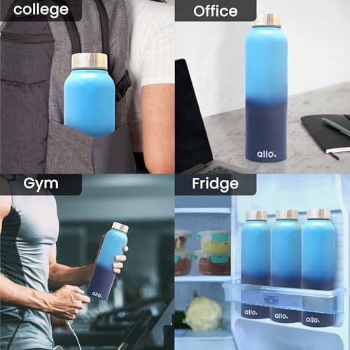 Image of Allo Stainless Steel Water Bottle For Adults, Kids 1 Litre Water Bottles For School, Office, Sports, Gym 1L Water Bottle For Men And Women, Pack Of 2| Leak Proof, Bpa Free, Light & Dark Blue Steel Cap