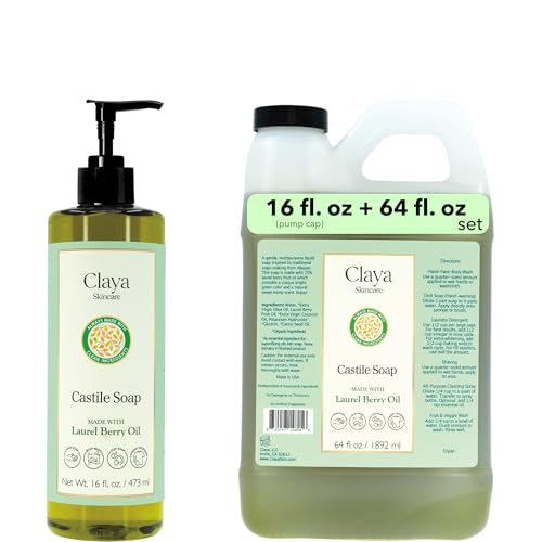 Image of Claya Laurel Berry Aleppo Liquid Castile Soap with Organic Ingredients, Biodegradable, Gentle for Sensitive Skin, Versatile Cleaning (16 fl oz Pump Cap and 64 fl oz)