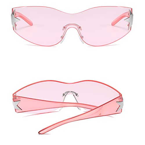 Image of Y2K Sunglasses for Women Men, 2000s Fashion Shield Wrap Around Y2K Glasses Rimless Oversized One Piece Lenses