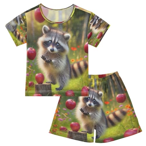 Pajama Sets Short Sleeve Raccoon and Red Fruit Soft Cotton Summer Sleepwear 2 Piece PJS Size 5-14T