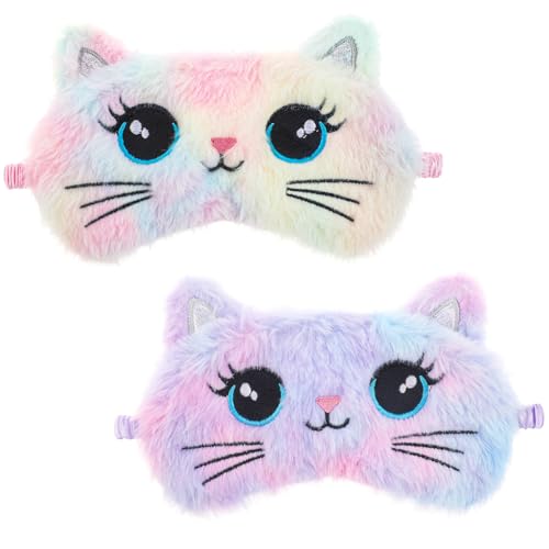 Antifaz para dormir para niños, 2 unidades de lindo gato para dormir, colorido y suave, máscara de dormir para niñas, cómoda y divertida, máscara de noche de animales para dormir, cubierta de ojos