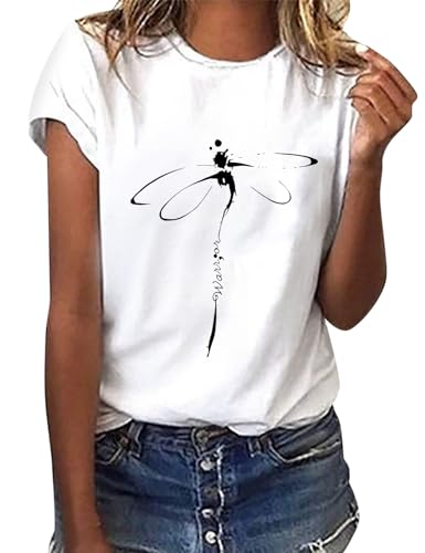 heekpek Femme T Shirt Blanc Chic T Shirts Col Rond Haut Manches Courtes Ete T Shirt Coton Tee Shirt Imprimé pour Femmes Files, Libellule, M