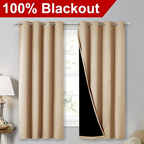 Image of NICETOWN Extra Long Truly Blackout Drapes for Hall and Villa, 46 inch Width Each Panel, 45 inch Length, Biscotti Beige, 2 Pieces, 100% Blackout Window Curtain Panels with Black Lined for Night Shift Worker
