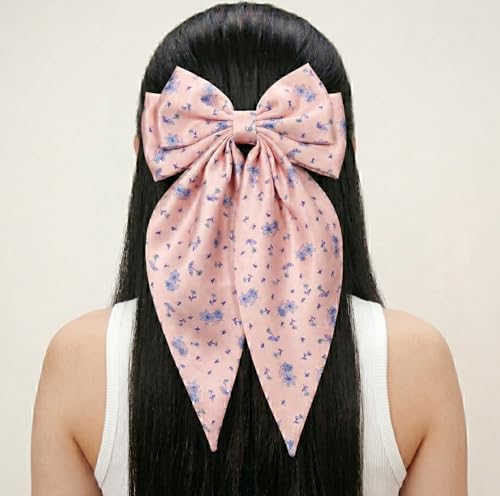 Image of Radhu & Kabby Printed Hair Bow Clip for Women | Cute Long Tail Fabric Bow Ponytail Holder | Stylish Everyday Casual Fashion Accessory | Pack of 1