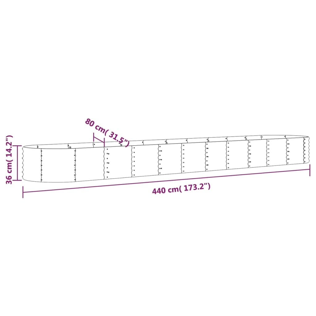 Cama elevada de jardín de acero galvanizado barnizado con polvo gris, 440 x 80 x 36 cm, jardinera ovalada para plantas, verduras y hierbas aromáticas, estructura robusta y resistente