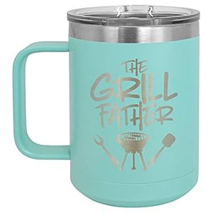 The Grillfather B TEAL 15 oz Coffee Cup w/Slide Top Lid | Insulated Travel Coffee Mug | BBQ & Grilling Gift Idea For Men…