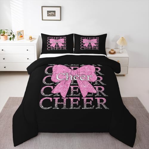 Image of Feelyou Cheer Bow Comforter Set Queen Size Cheerleading Bedding Set for Kids Boys Girls Funny Sport Duvet Quilt Pink Bedroom Decor Microfiber 3 Pcs with 2 Pillow Cases