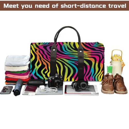 Rainbow Color Zebra Skin Print Travel Duffel Bag Sports Tote Gym Bag Waterproof Tear-Resistant Carry On Overnight Bag Foldable Weekender Bag for Gym Travel Getaway Beach Sports4