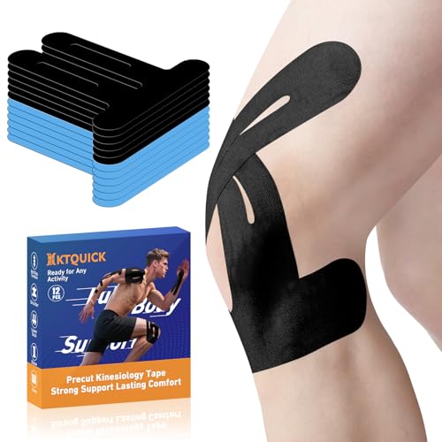 Image of PreCut Kinesiology Tape for Knees, 12PCS(6 Black & 6 Blue)Waterproof KTQUICK Knee Tape for Knee Pain Relief Pre Cut, Original Cotton Athletic Knee Tape, Waterproof&Hypoallergenic Latex-Free for Sports