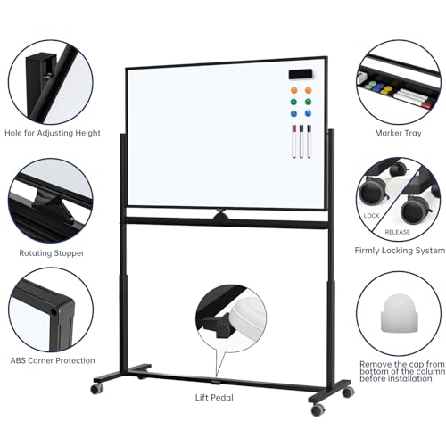 Image of Large Dry-Erase Rolling Magnetic Whiteboard - TSJ OFFICE 48 x 32 Inches Dry Erase Board with Stand Height Adjust Double Sides Mobile White Board Easel on Wheels Office, Home & Classroom