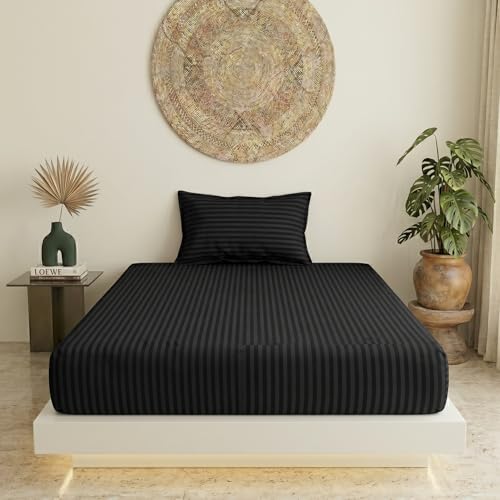 Image of Filymore Single Bed Bedsheet with 1 Pillow Cover, 300 TC Microfiber Satin Striped Bedsheet, Soft & Breathable Single Size Bedcover 90x60 Inches, Black