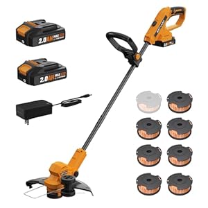 SEYVUM String Trimmer, 20V 12-inch Cordless Weed Wacker with Auto Line Feed, 2 X 2.0Ah Battery Powered Lawn Edger with 8 Pcs Grass Cutter Spool Line, Fast Charger Included, Orange