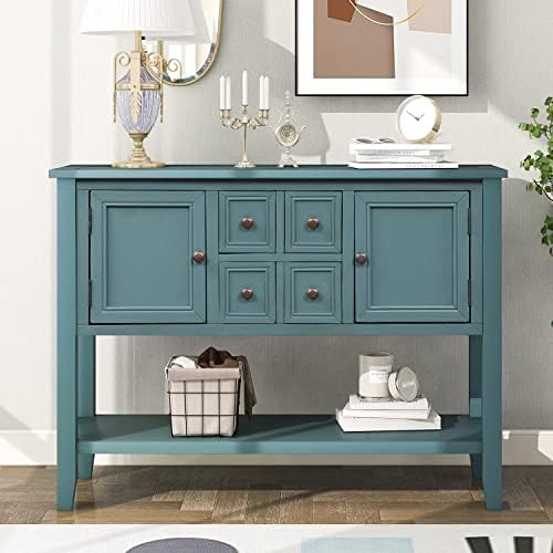 Merax Farmhouse Sideboard and Buffet Storage Cabinet Console Table with 4 Small Drawers, 2 Cabinet and Bottom Shelf (Dark Blue)