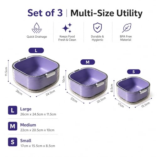 Image of 3-in-1 Vegetable Washing Basket with Drain Tray Set of 3 | Kitchen Strainer & Colander Bowl | Wash, Drain & Store Fruits, Pasta & Veggies | BPA-Free Durable Plastic (Purple)