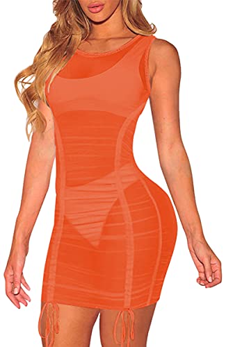 Women's Casual Swimsuit Cover Ups Sexy See Through Sleeveless Drawstring Sheer Dresses For Swimwear In Summer #TOP14