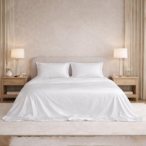 Image of Filbert Satin Bedsheet with 1 Pillow Cover | 60x90 in |300 TC | Midnight Luxe Satin Dreams Collection for Single Bed | UltraSatin Premium Bedding Set | White