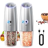 CIRCLE JOY Rechargeable Gravity Electric Salt and Pepper Grinder Set, Stainless Steels Salt and Pepper Mills with LED Light, No Battery Needed, Adjustable Coarseness, Washable 135ml Container, Silver