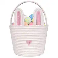 Large Easter Basket Empty with Gift Bags and Ribbons, Easter Bunny Basket for Kids, Woven Cotton Rope Storage Bins for Organizing, Pink