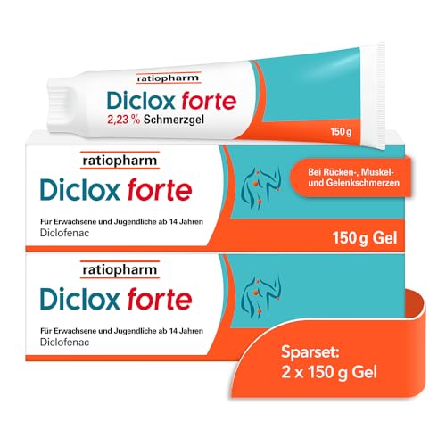 Diclox forte – das stärkste Schmerzgel von ratiopharm – lindert akute Rücken- und Gelenkschmerzen effektiv mit Diclofenac in der doppelten* Wirkstoffkonzentration, 2 x 150 g Schmerzgel im Sparset