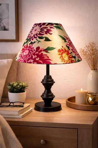 Image of tu casa Modern Table Lamp with Crimson Floral Satin Shade | Metal Iron Base Decorative lamp for Living Room| Study & Home Decor, Designer Table Lamp for Gifting (Ivory Daisy)